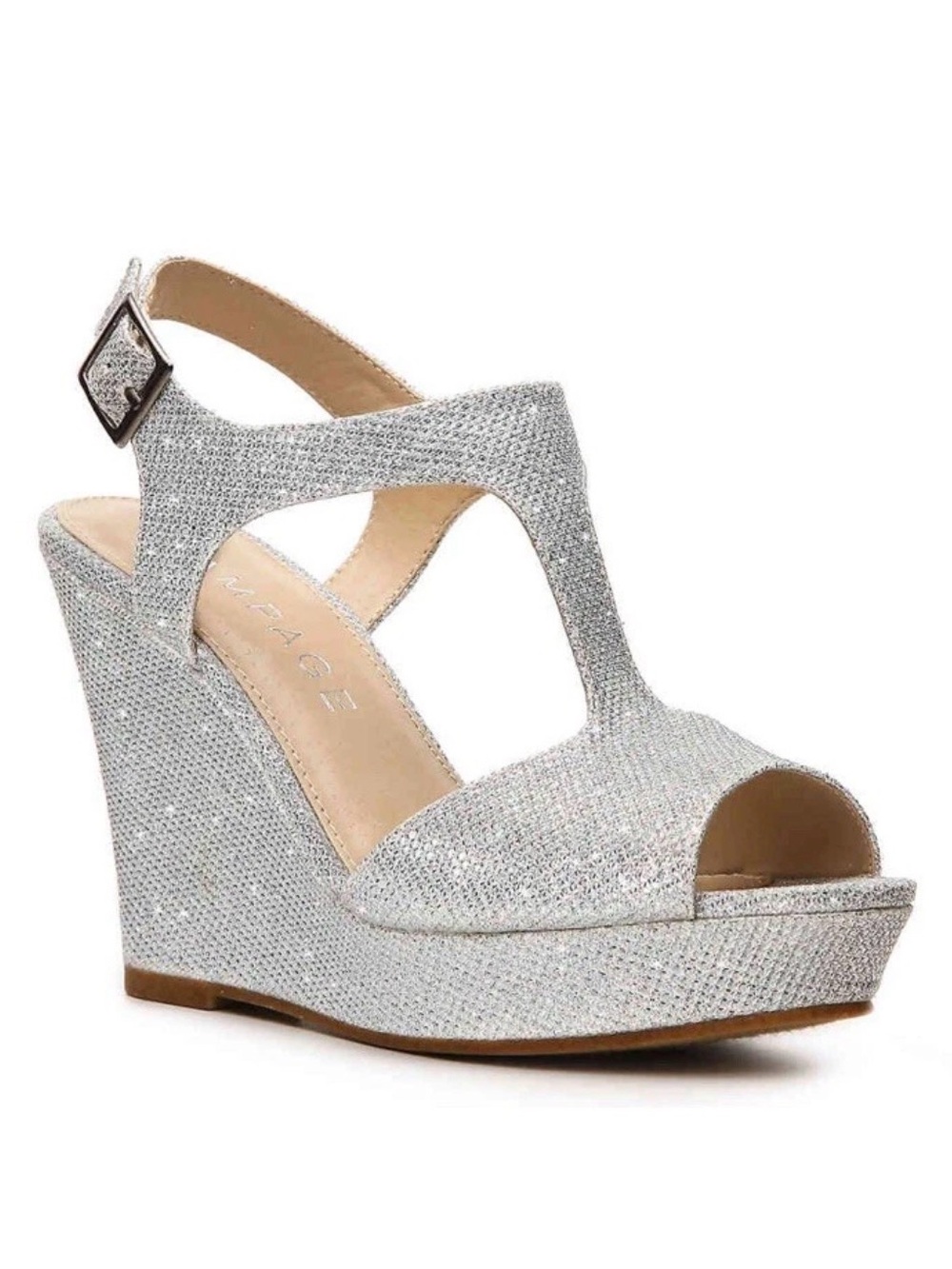 RAMPAGE CORTINI HIGH WEDGE SILVER GLITTER FABRIC T-STRAP SANDALS SIZE 9.5
